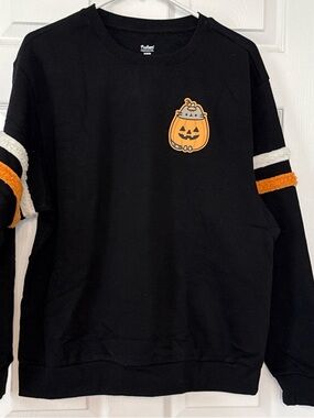 Pusheen Black Crewneck Sweater with Orange Pumpkin Graphic